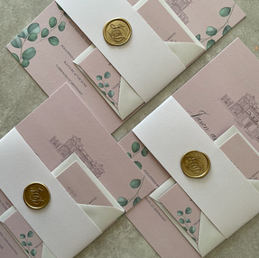 Full suite of wedding stationery with venue illustration