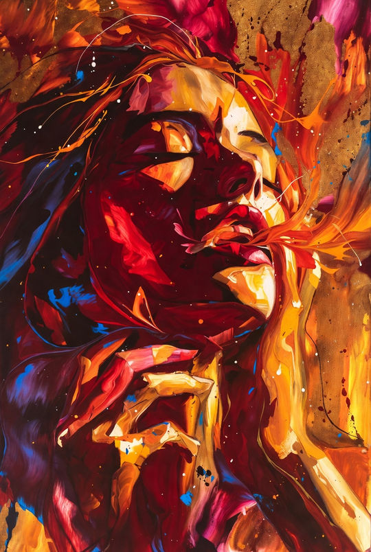 Expressives Frauenporträt mit leuchtenden Rot- und Orangetönen, dynamische Farbexplosion im Hintergrund. abstrakte Kunst, expressive Farbmalerei, moderne Porträtkunst, emotionale AI Art, digitale Kunstserie, Contemporary Abstract Art Europe