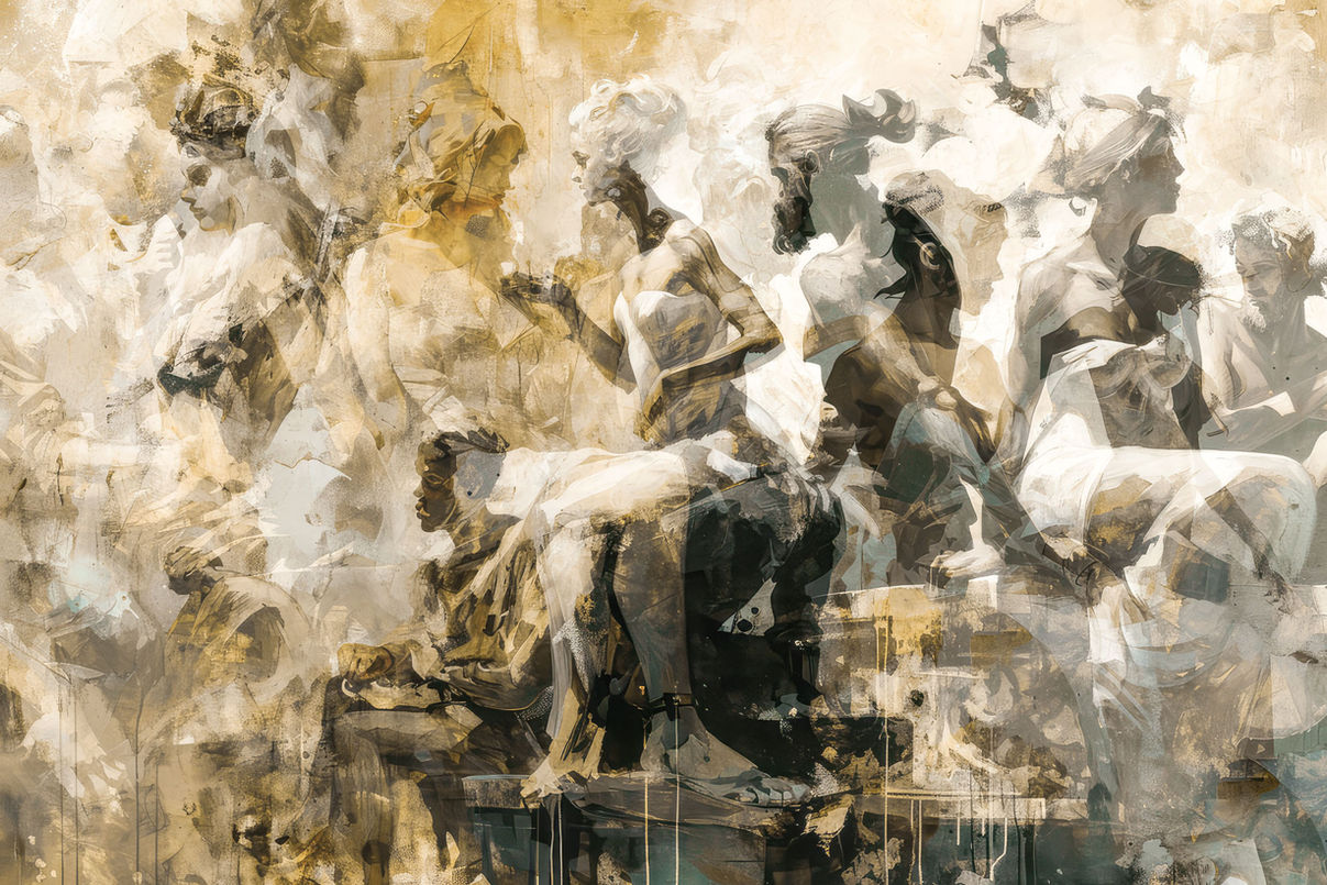 Mehrere weibliche Figuren in abstrakter Überlagerung, klassische Ästhetik mit moderner digitaler Kunst. AI Art, klassische Kunstinterpretation, digitale Mythologie, abstrakte Figurenkunst, AI Fine Art, Contemporary AI Art Europe