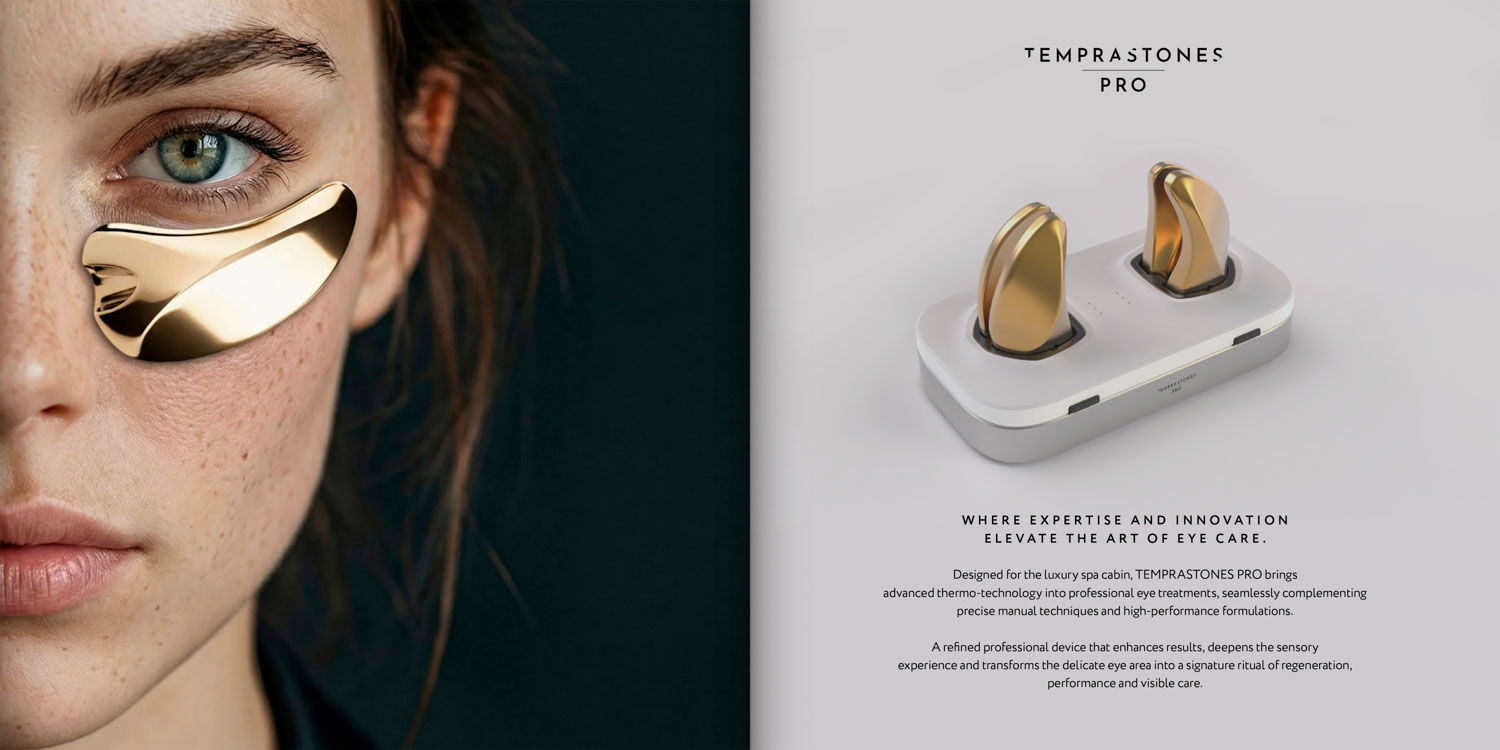 KI-Bildkomposition von ENDLIVITY für TEMPRASTONES PRO: Frau mit Sommersprossen, goldener Augen-Applikator, Profi-Ladestation.