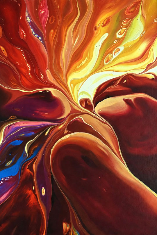 Detailreiche abstrakte Komposition in Rot- und Gelbtönen mit fließenden, organischen Formen. abstrakte Kunst, expressive Farbmalerei, moderne Porträtkunst, emotionale AI Art, digitale Kunstserie, Contemporary Abstract Art Europe