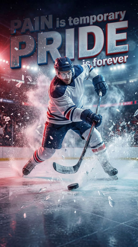 KI-generiertes Eishockey-Sportbild, AI Sports Visual mit Spieler in Aktion, Kraft und Fokus