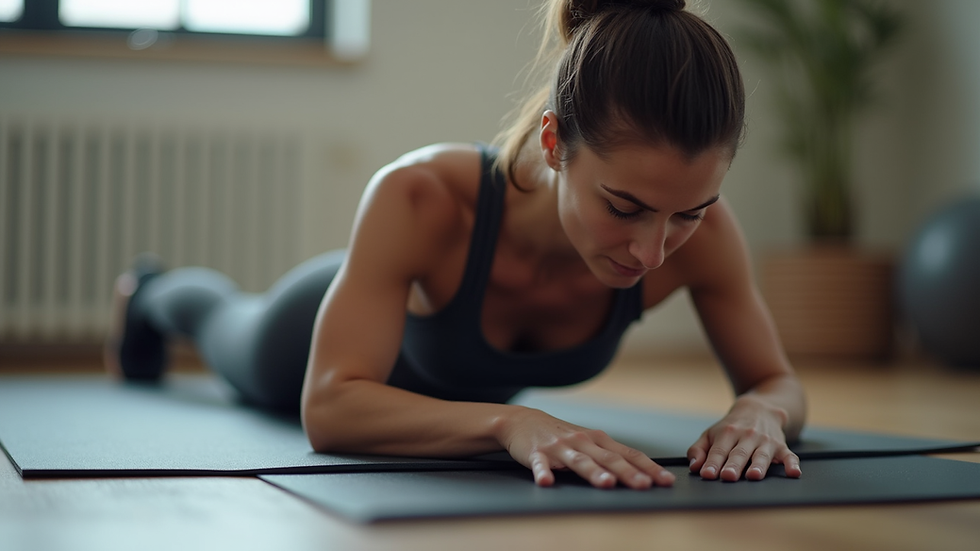 close-up view of a person doing plank exercise on a mat