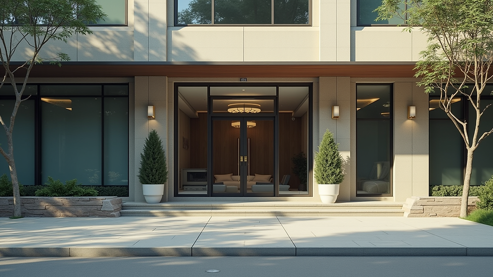 Eye-level view of commercial building exterior with clear architectural details