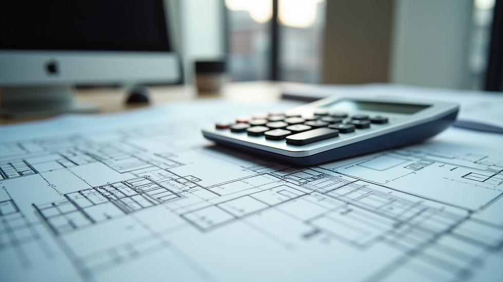 Close-up view of detailed architectural blueprints and calculator on desk