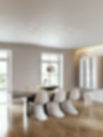 sechs weisse Panton Chairs am Esstisch