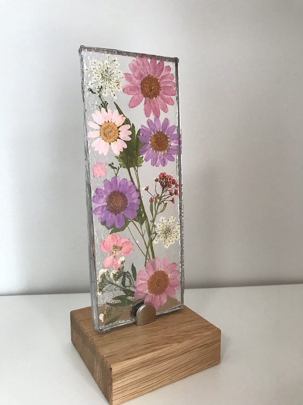 Thumbnail: “Pretty Pinks” Free-standing WildFlower Light-catcher on oak base