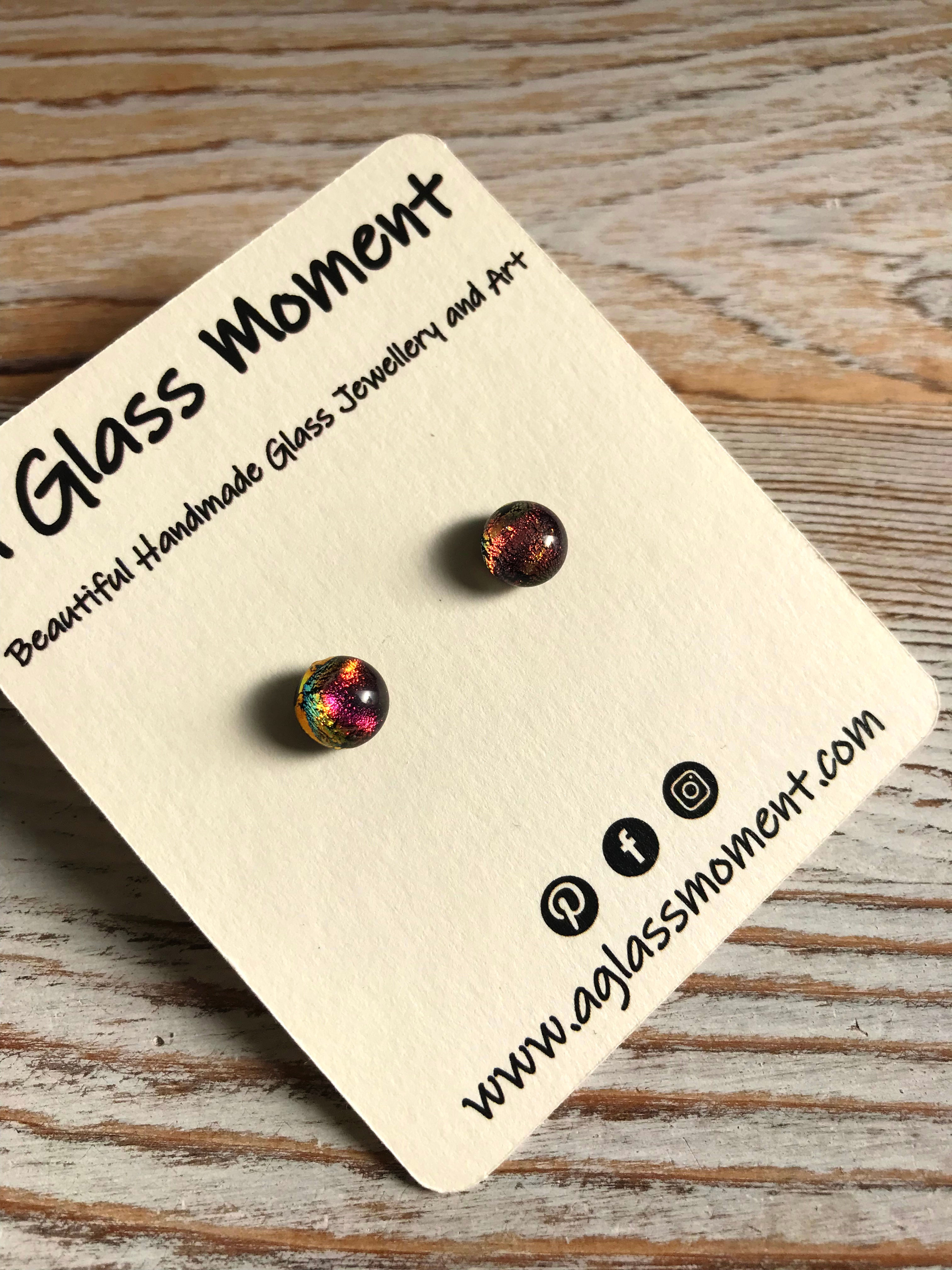 Tiger pink fused glass stud earrings on sterling silver