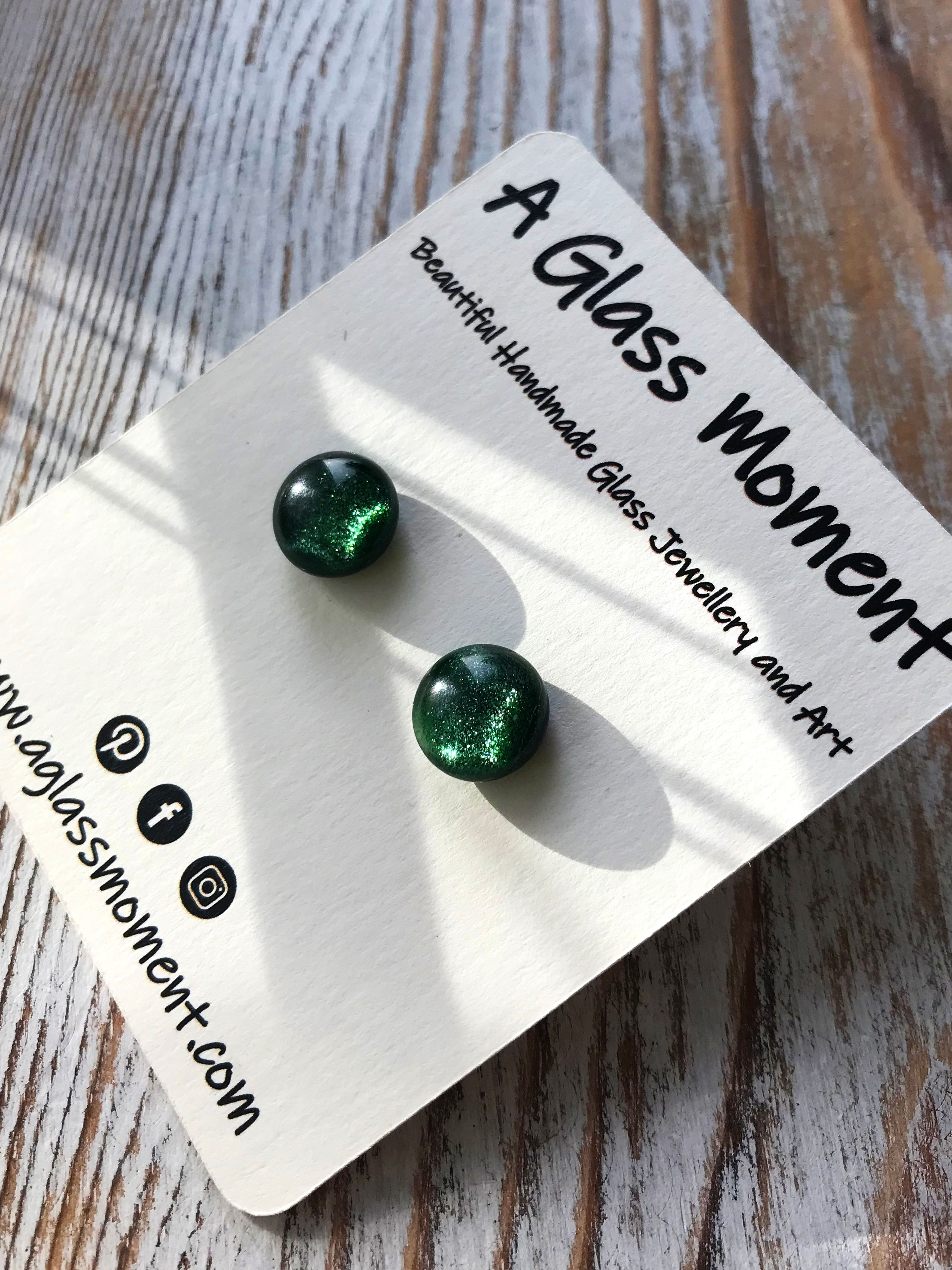 Fused glass earrings - “winter green magic” - on sterling silver