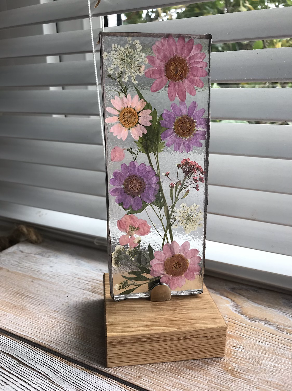 Thumbnail: “Pretty Pinks” Free-standing WildFlower Light-catcher on oak base