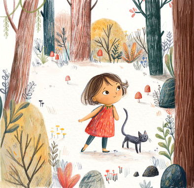 picture books children's illustrations girl cat forest pencil texture procreate art