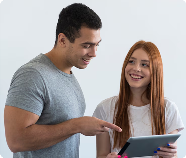 Man pointing at tablet with woman, both smiling Template 30.