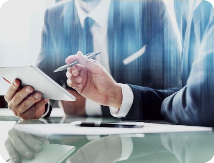 Businessmen reviewing tablet data together