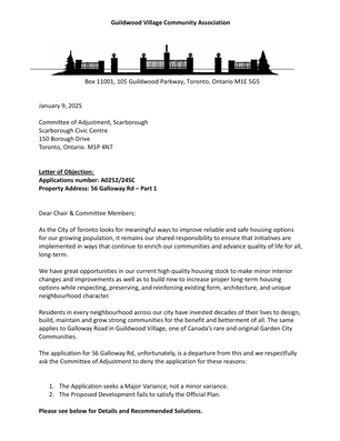 Letter to Committee of Adjustment, Scarborough re: 56 Galloway
