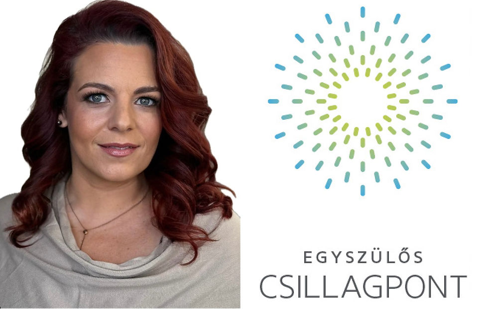 Két képből készült montázs. A bal oldali portrékép: egy hosszú, vörös hajú fiatal nő mosolyog a kamerába. A jobb oldali a CSILLAGPONT feliratot és egy kék és zöld rövid vonalkákból álló nap-szerű, kör alakú logót ábrázol