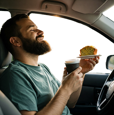 parent of drum student relaxing in car whilst son has a drum lesson at Midlands Drum School