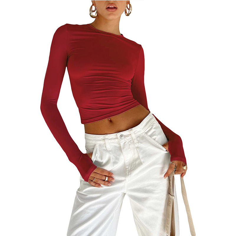 Прев'ю: Fashion Women T-shirt Long Sleeve Crew Neck Solid Slim Fit Ladies Crop Top with 