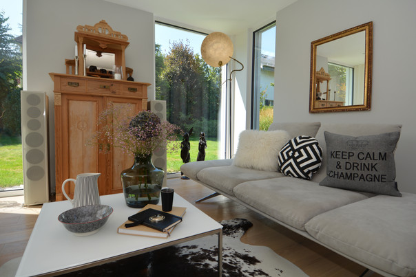 Living Room grey Couch Keep Calm & Drink Champagne Garden