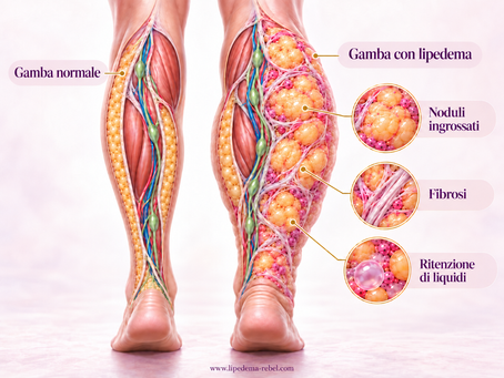 Confronto anatomico tra una gamba normale e una gamba con lipedema, con noduli adiposi ingrossati, fibrosi e ritenzione di liquidi.