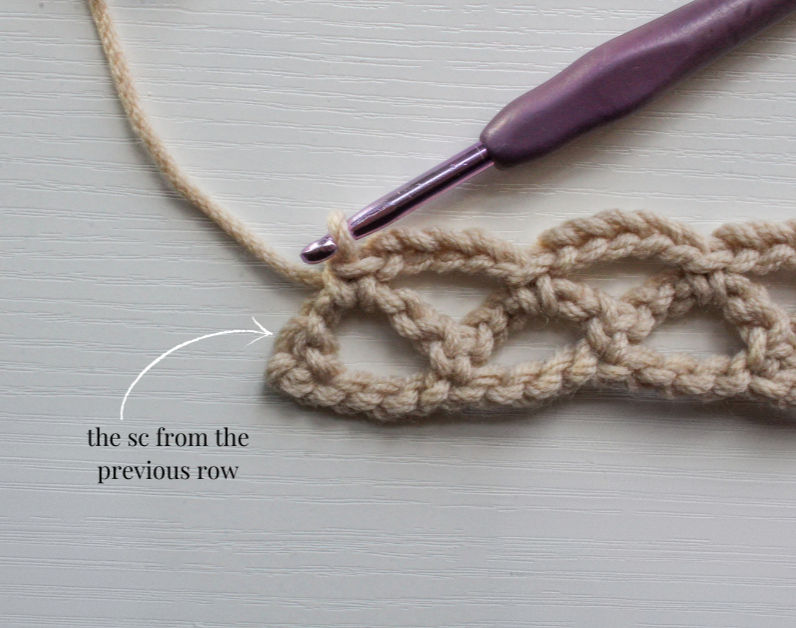Crochet diamond mesh stitch with tan yarn and purple hook on white background. Text points to a single crochet (sc) from the previous row.