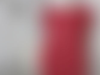 Mannequin in a sewing room wearing a red, patterned bib. Background has a sewing machine, tape measure, and framed decor. Cozy vibe.