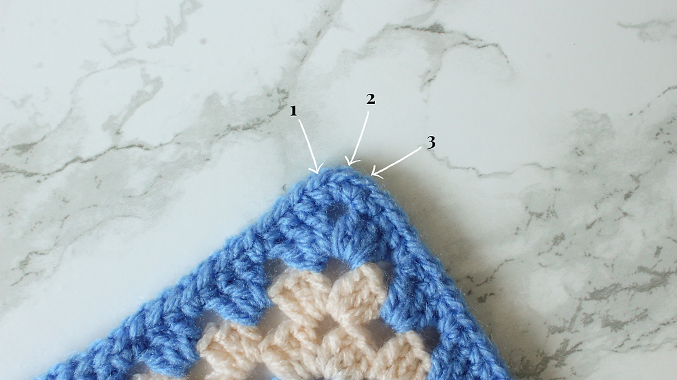 Close-up of a blue and cream crocheted corner with arrows and numbers 1, 2, 3. Marble-patterned background.