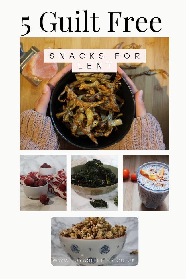 lent food. Vegetable crisps, frozen grapes, kale crisps, chia seed pudding and honey cinnamon popcorn