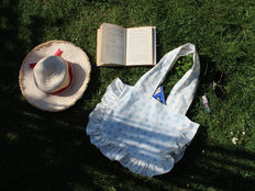 Sunlit grass scene with an open book, straw hat with red ribbon, patterned tote bag, sunglasses, and lipstick. Outdoor relaxation vibe.