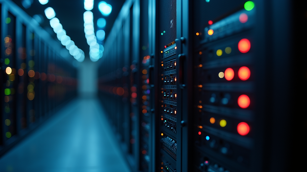Eye-level view of a server rack with blinking network lights