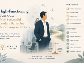 Successful leader carrying hidden pressure, representing high-functioning burnout and reduced leadership capacity.