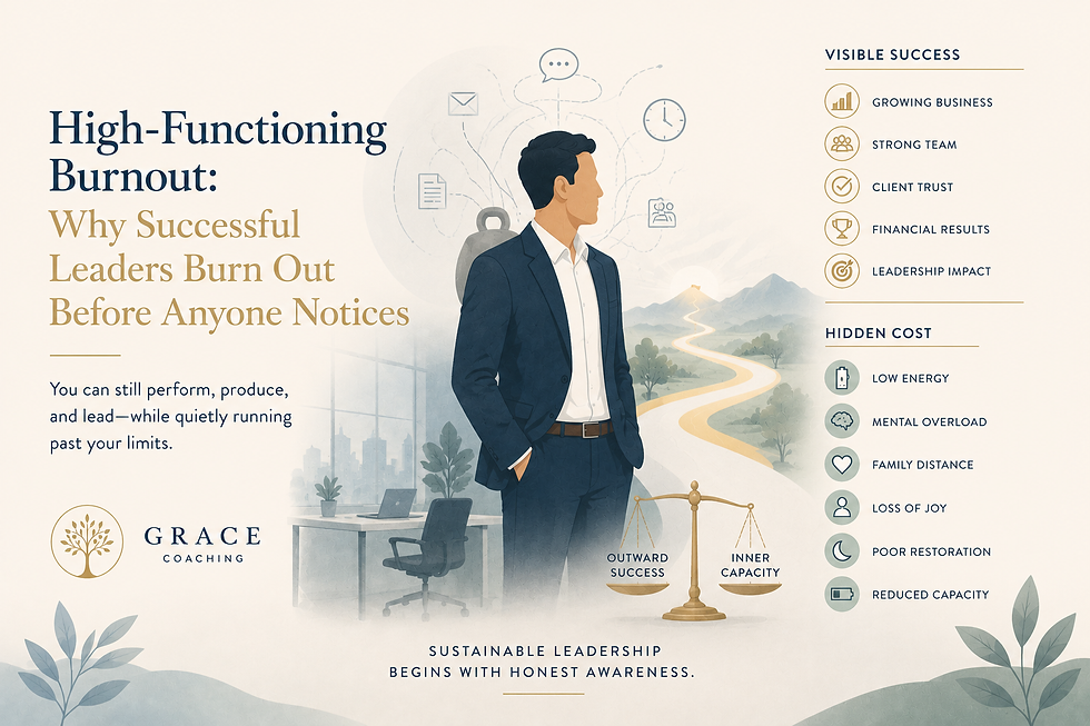 Successful leader carrying hidden pressure, representing high-functioning burnout and reduced leadership capacity.