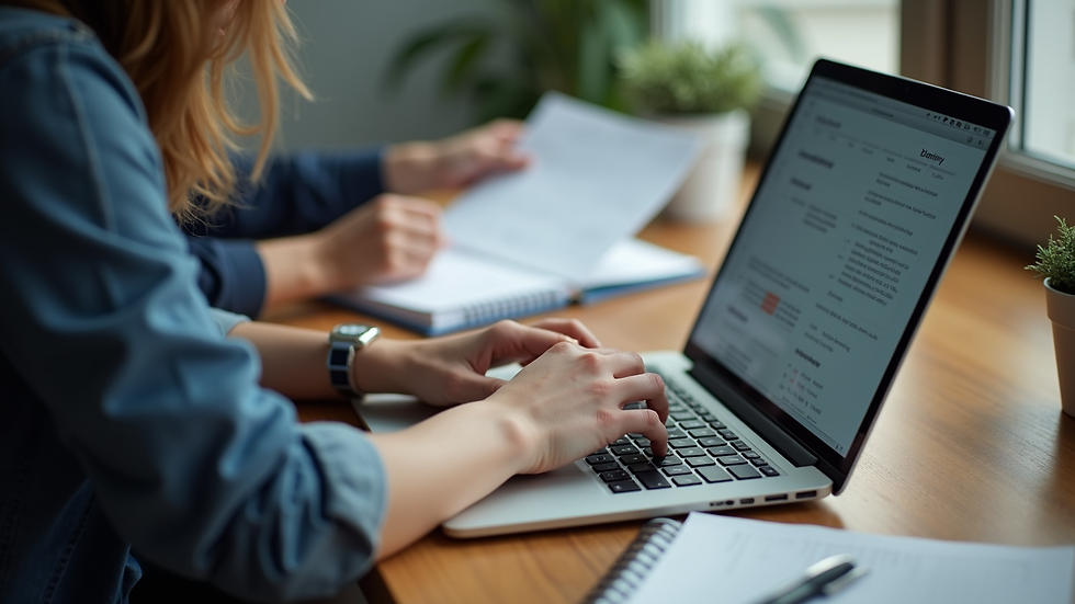 High angle view of a person typing a detailed report on a laptop