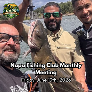 Napa Fishing Club Monthly Meeting promotion featuring trophy catfish instruction, vintage Harnell and Sabre sturgeon rods, and premium used Penn, Shimano, and Daiwa fishing reels at Sweeney's Sports.