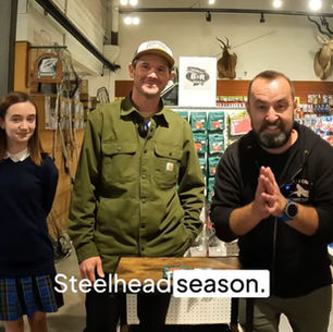 Steelhead fishing guide Robbie George demonstrates how to rig BNR soft beads, featuring steelhead tackle, fishing rods, reels, and float fishing techniques at Sweeney’s Sports.