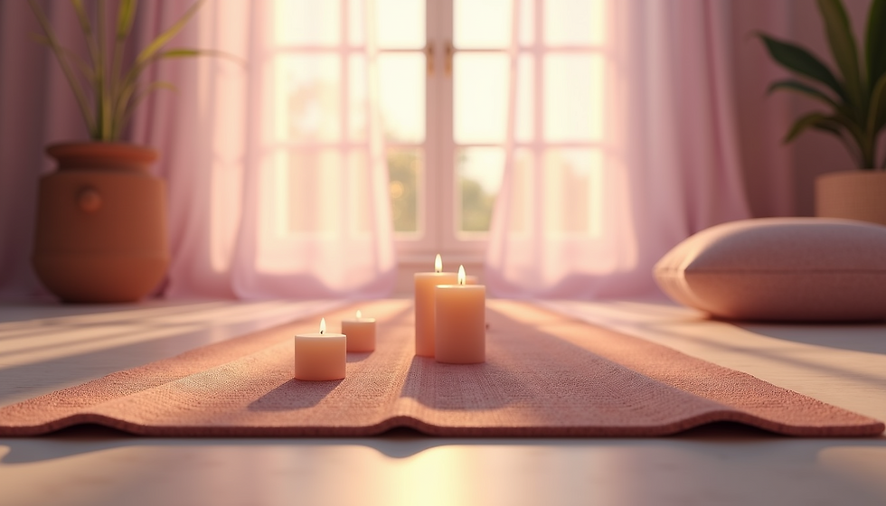 Candles lit on a pink mat in a serene room with sunlight through sheer curtains, a plant, and a cushion create a peaceful ambiance.