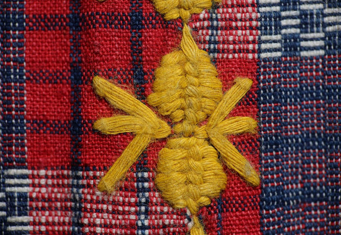A detailed shot highlighting one embroidered motif used to join the textile’s panels.