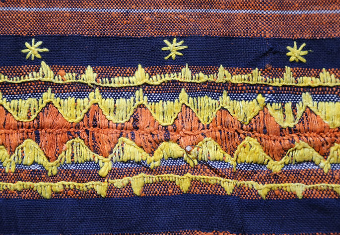 A close-up shot highlighting the continuous diamond-like embroidery at the joined seams of the skirt