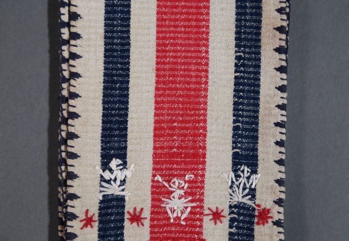 Details of the indigo, white, and red embroideries captured in one shot