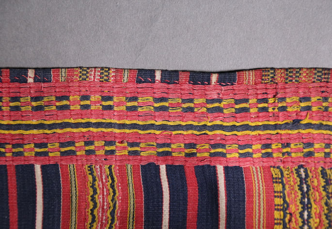 A closer look at the two bands of brocade checkered designs located along the side edge of the skirt