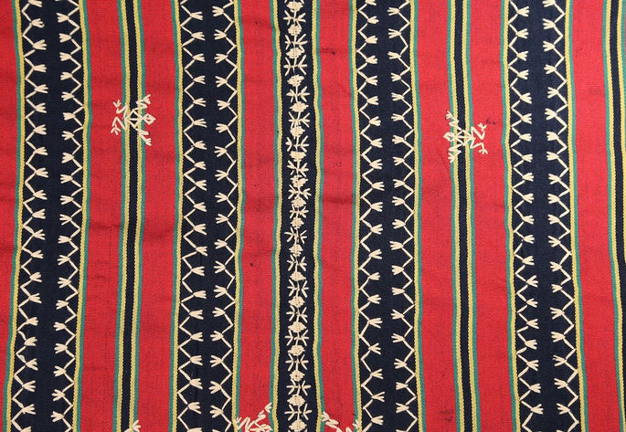 An overview of the skirt’s panels, stripe design, and embroideries