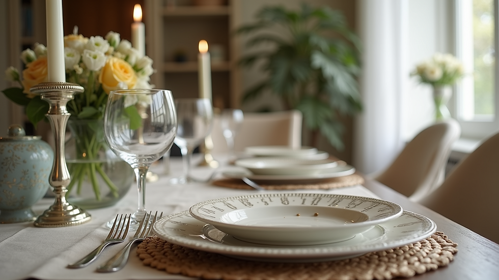 Eye-level view of a beautifully set French-inspired dining table with elegant decor