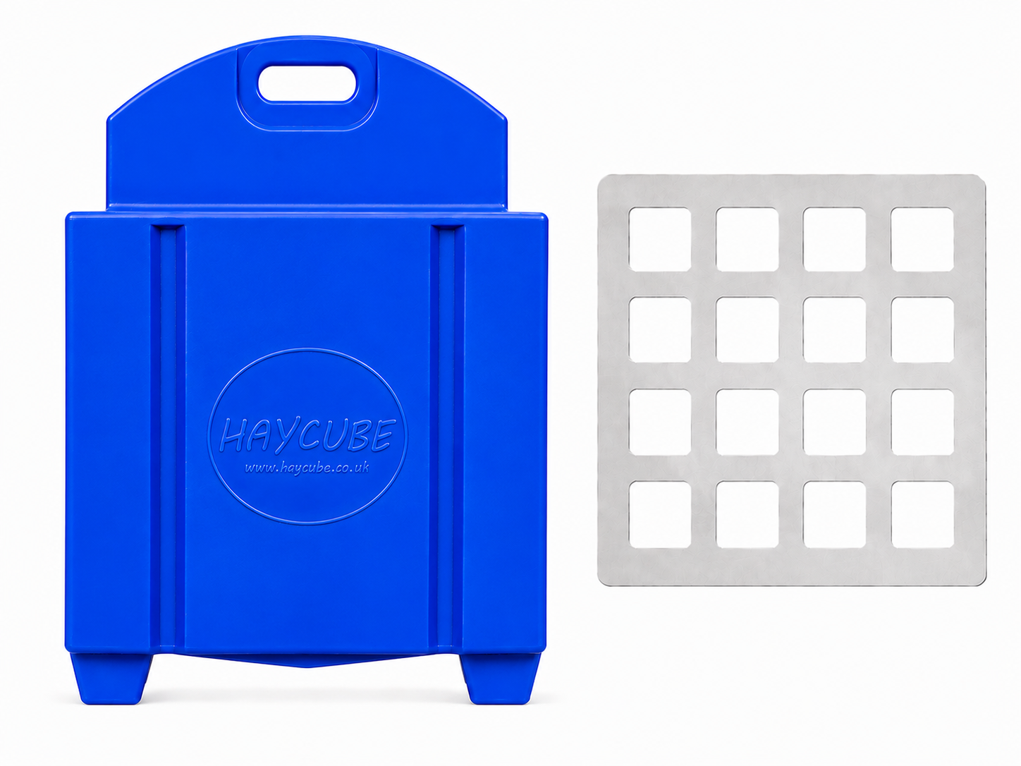 Blue Haycube with a medium slow feeder grill