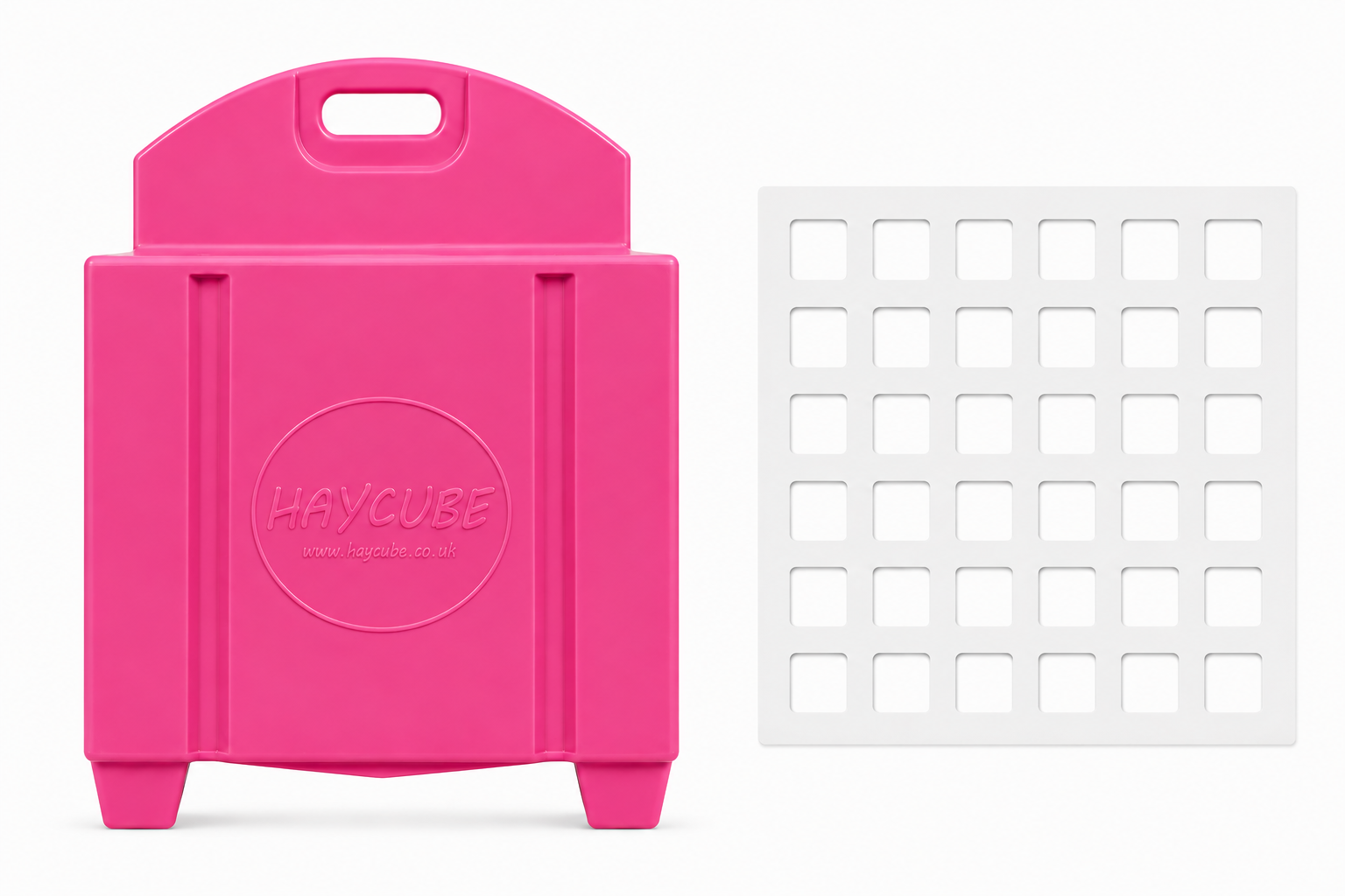 Pink Haycube with a white small slow feeder grill