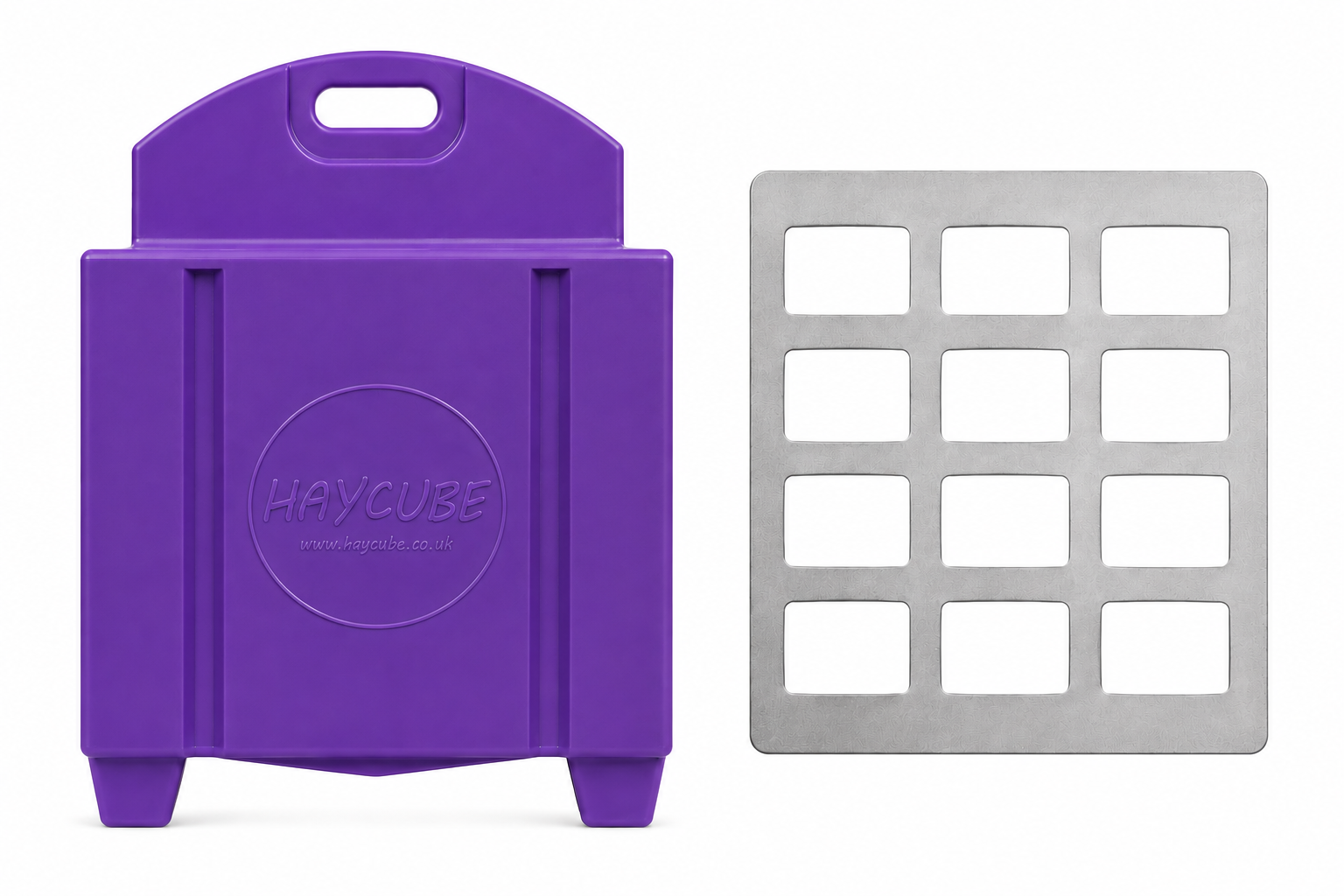 Purple Haycube with large slow feeder grill accessory.