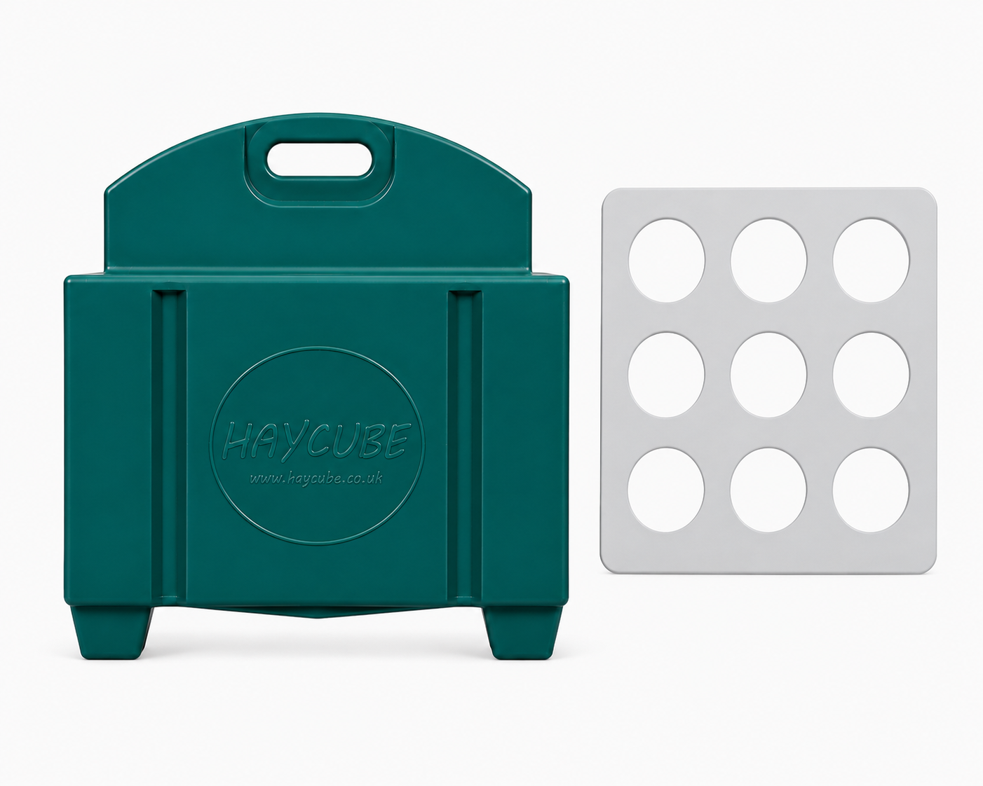Green Haycube Mini and white slow feeder grill.