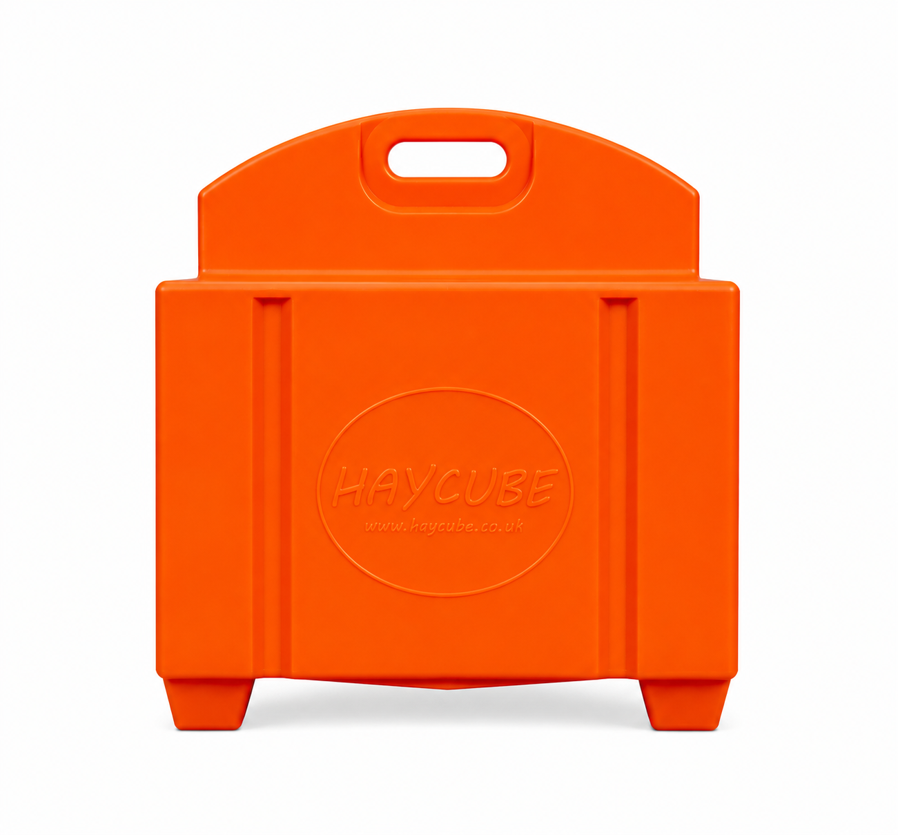 Orange Haycube Mini slow feeder with handle.