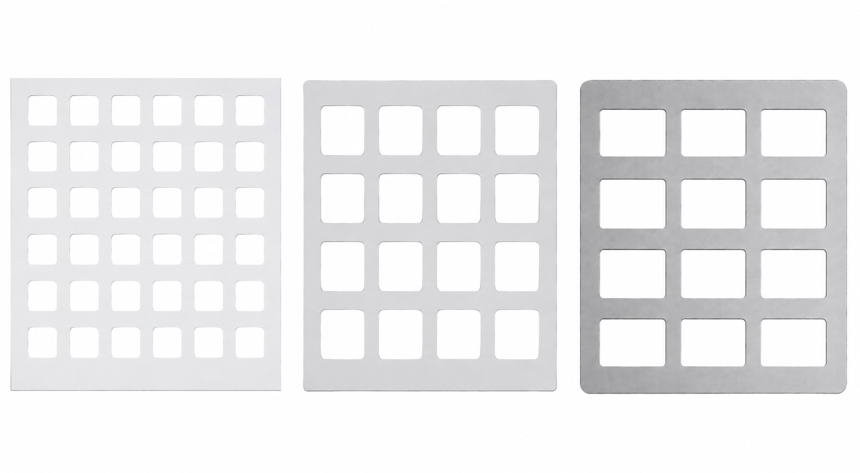 Three slow feeder grills with different grid sizes.