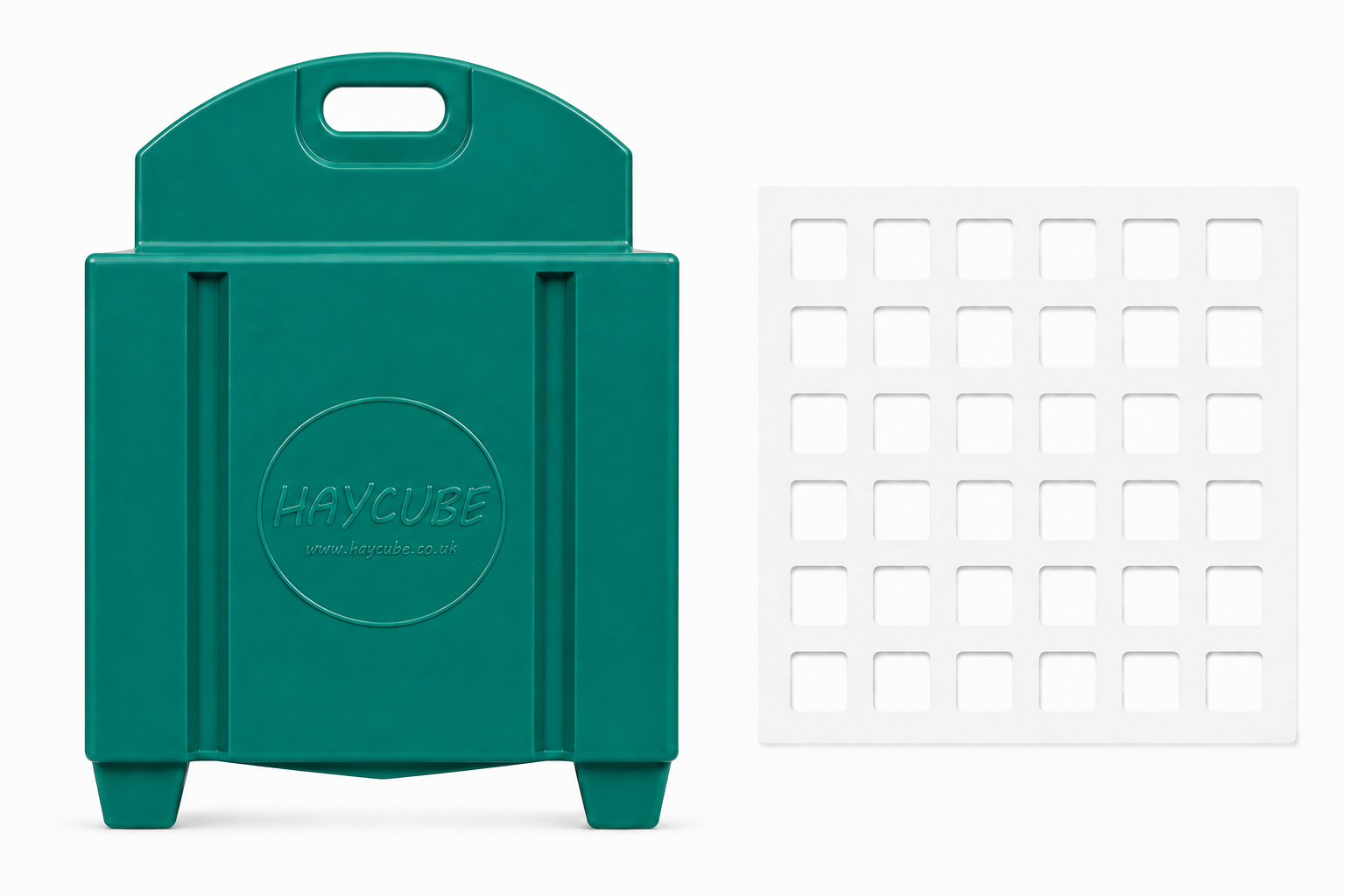 Green Haycube with a white small slow feeder grill