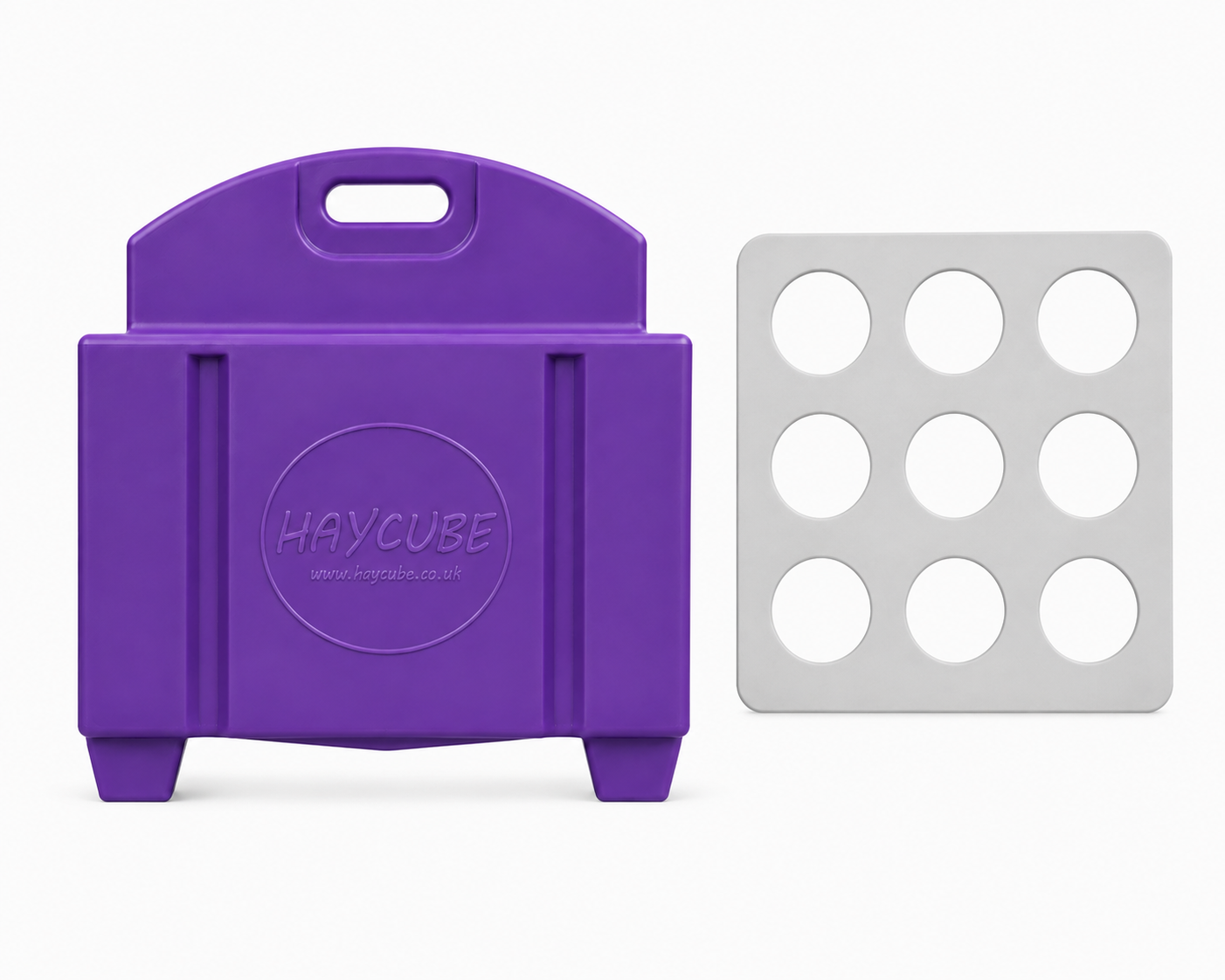 Purple Haycube Mini with white large slow feeder grill