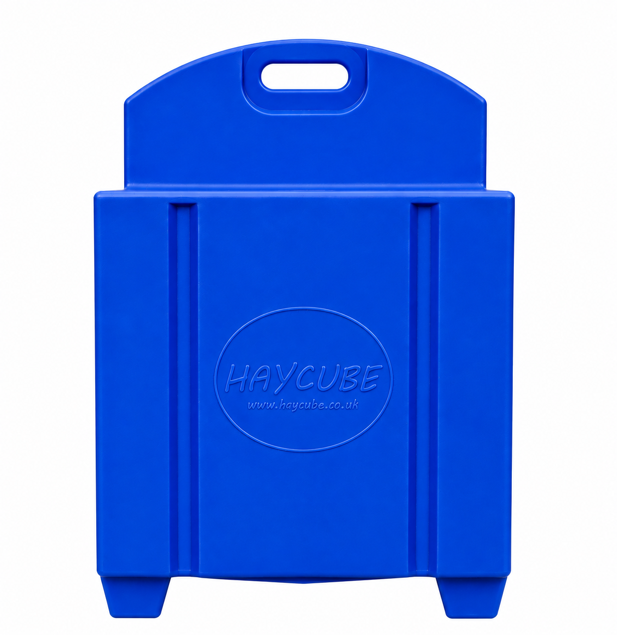 Blue Haycube slow feeder for horses front view